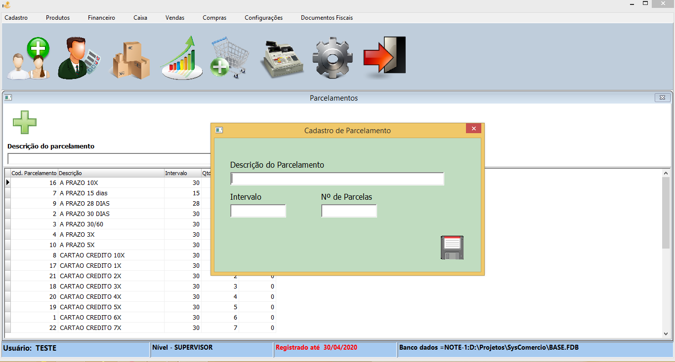 CADASTRO DE PARCELAMENTO SYSCOMERCIO