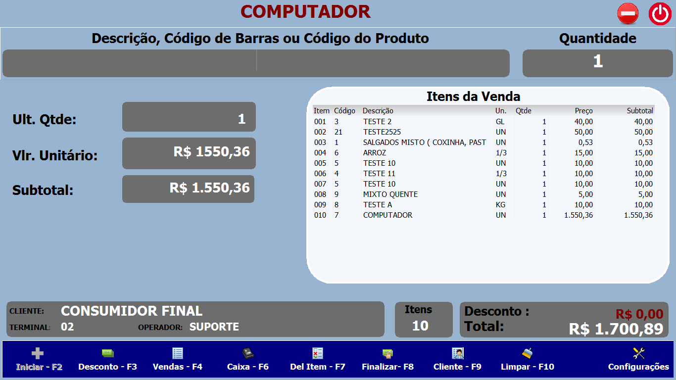 TELA LANÇANDO ITENS SYSCOMERCIO NFCe